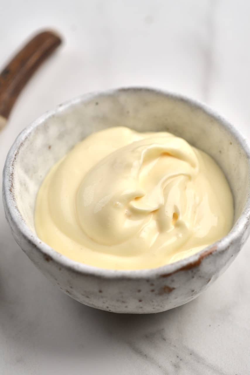 Homemade mayonnaise in a little bowl 