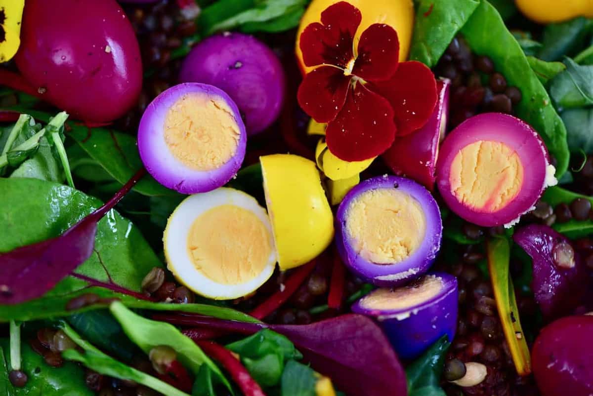 naturally dyed pickled eggs - rainbow quail eggs over a lentil mixed salad for. Savoury rainbow easter eggs