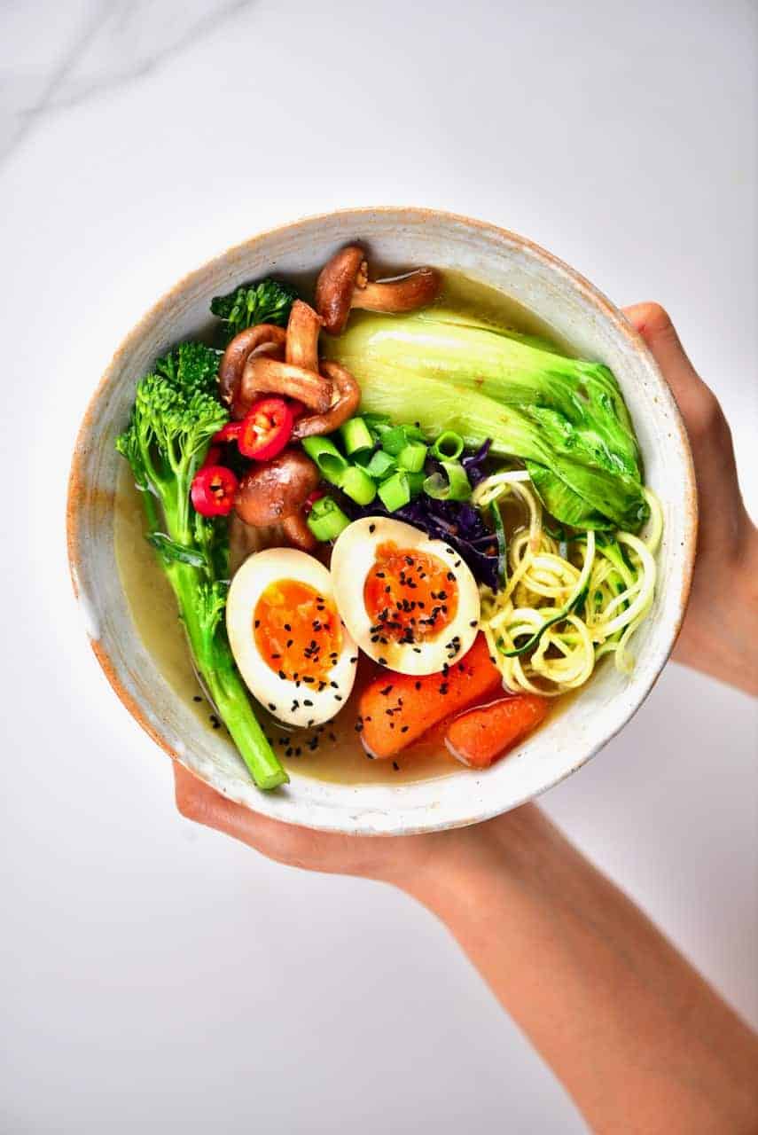 Japanese-inspired vegetarian ramen noodle soup served in a bowl