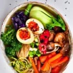 A simple and delicious Japanese-inspired vegetarian ramen noodle soup recipe. Packed with vegetables and plenty of flavour for a satisfying, healthy ramen meal.