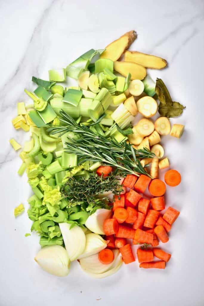 chopped veggies and herbs for homemade stock