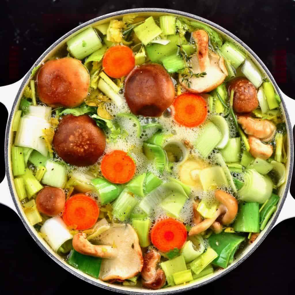 veggies in a large pan with water