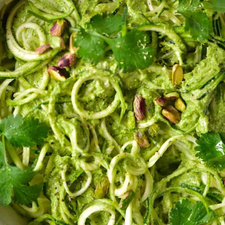 A close up of Zoodles with Pistachio pesto