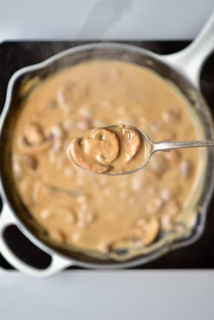 vegan mushroom gravy / pasta sauce in a large pan