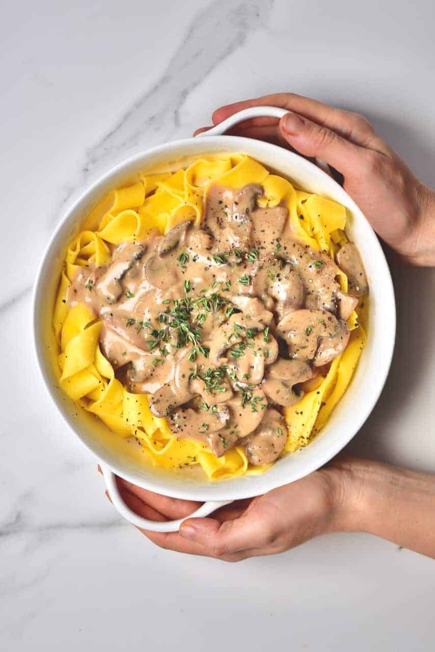This vegan mushroom pasta recipe is a quick and simple comforting weeknight meal. With a deliciously creamy vegan mushroom gravy pasta sauce, you can create a more-ish, creamy vegan pasta recipe again and again.