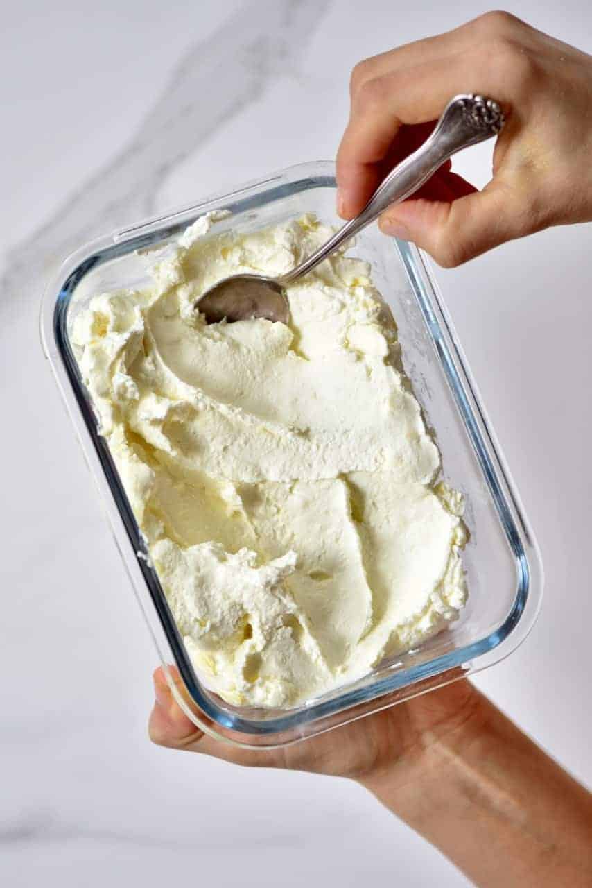 Homemade labneh is a square container