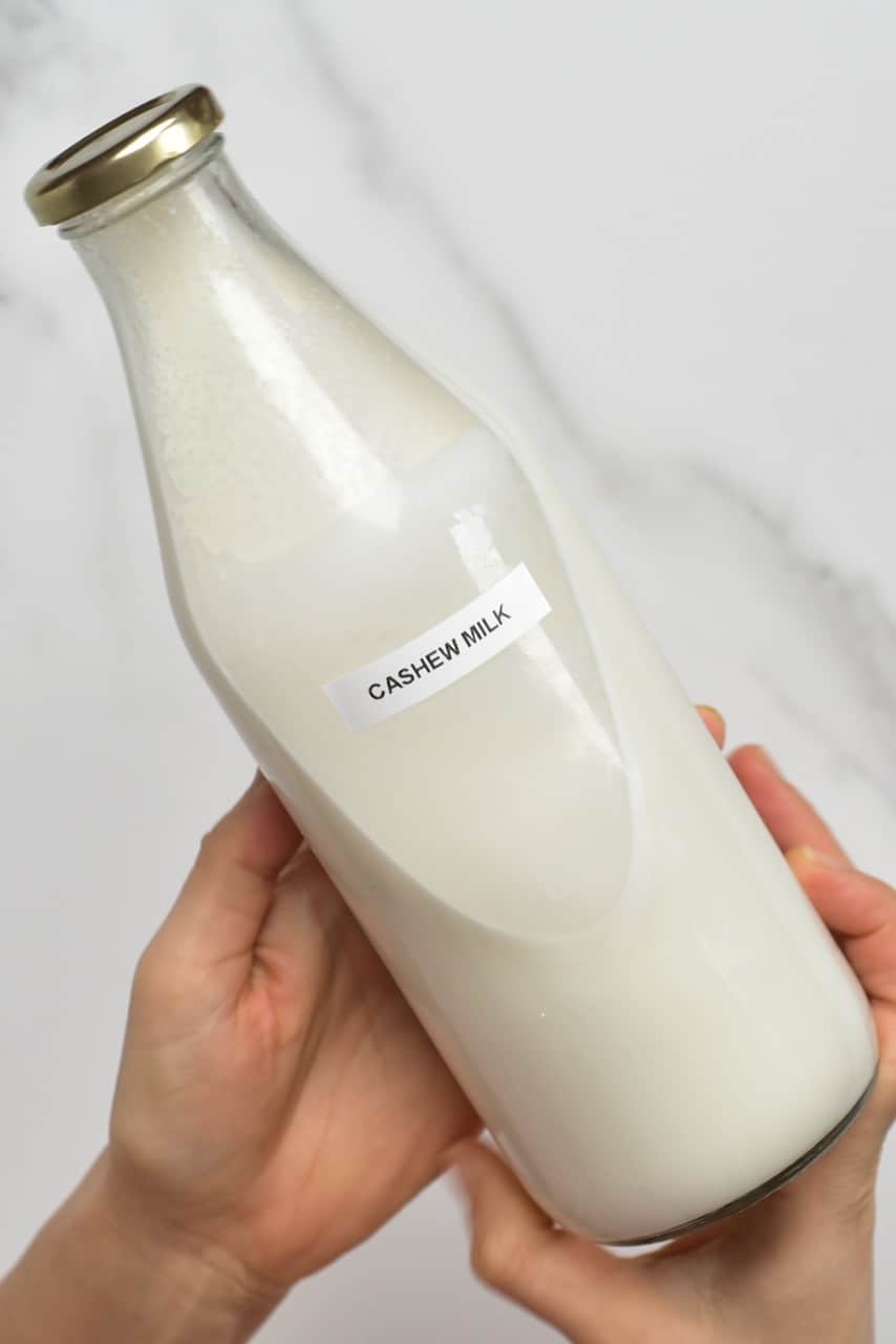 Homemade cashew milk in a bottle