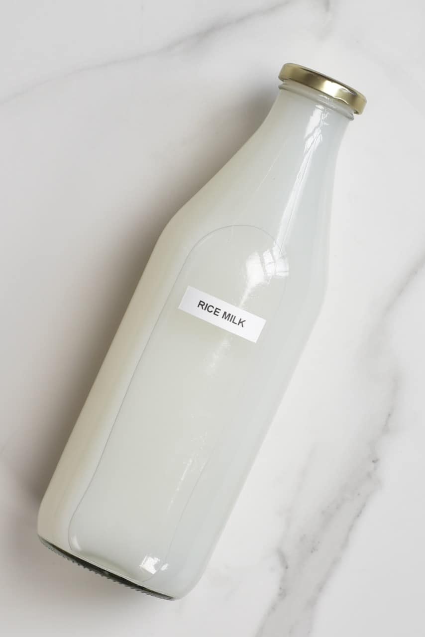 Homemade rice milk in a bottle