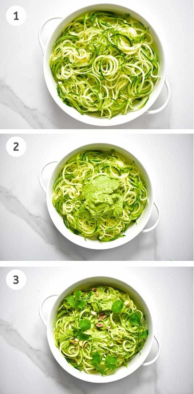 Steps to assembling zoodles with pistachio pesto
