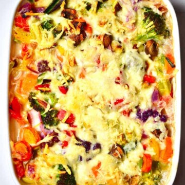 easy vegan bechamel pasta bake with rainbow vegetables.