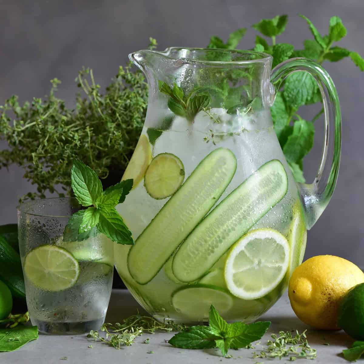 detox water with herbs and lemon in a jug and glass