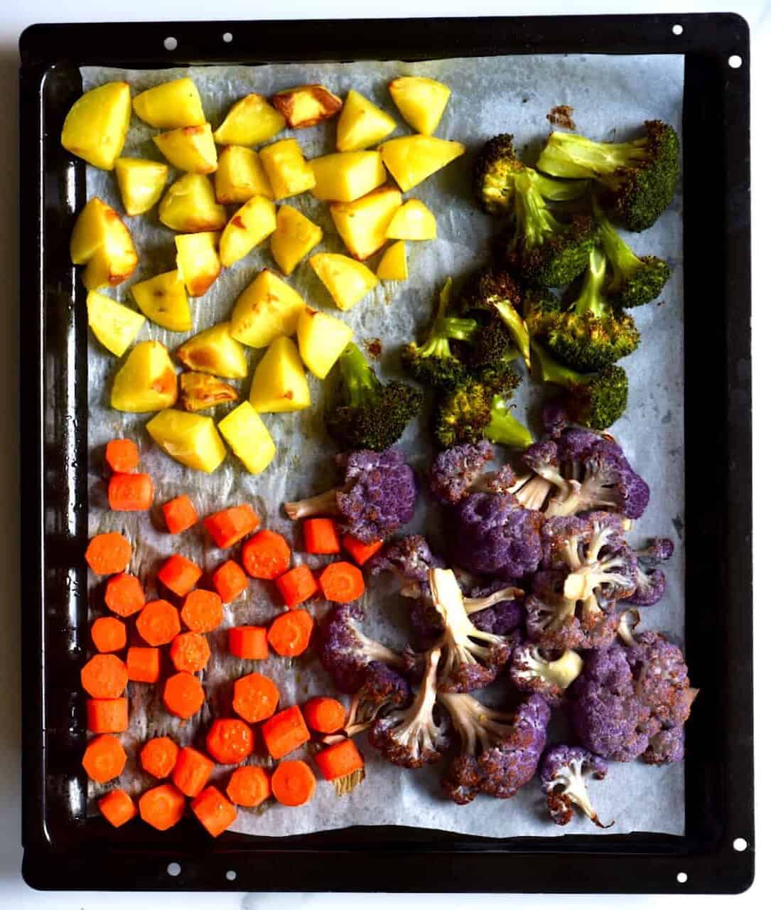 roasted tray of rainbow vegetables