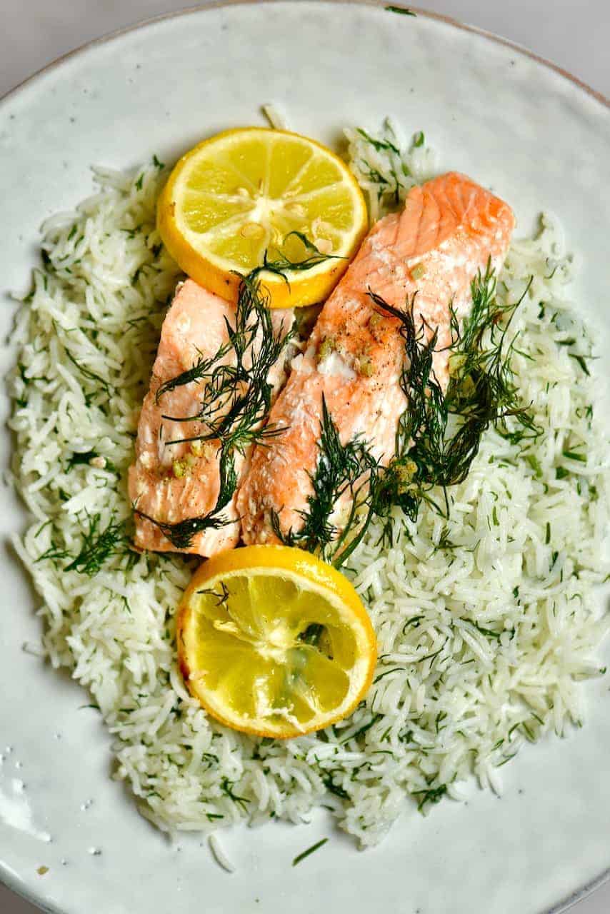 Baked salmon over rice