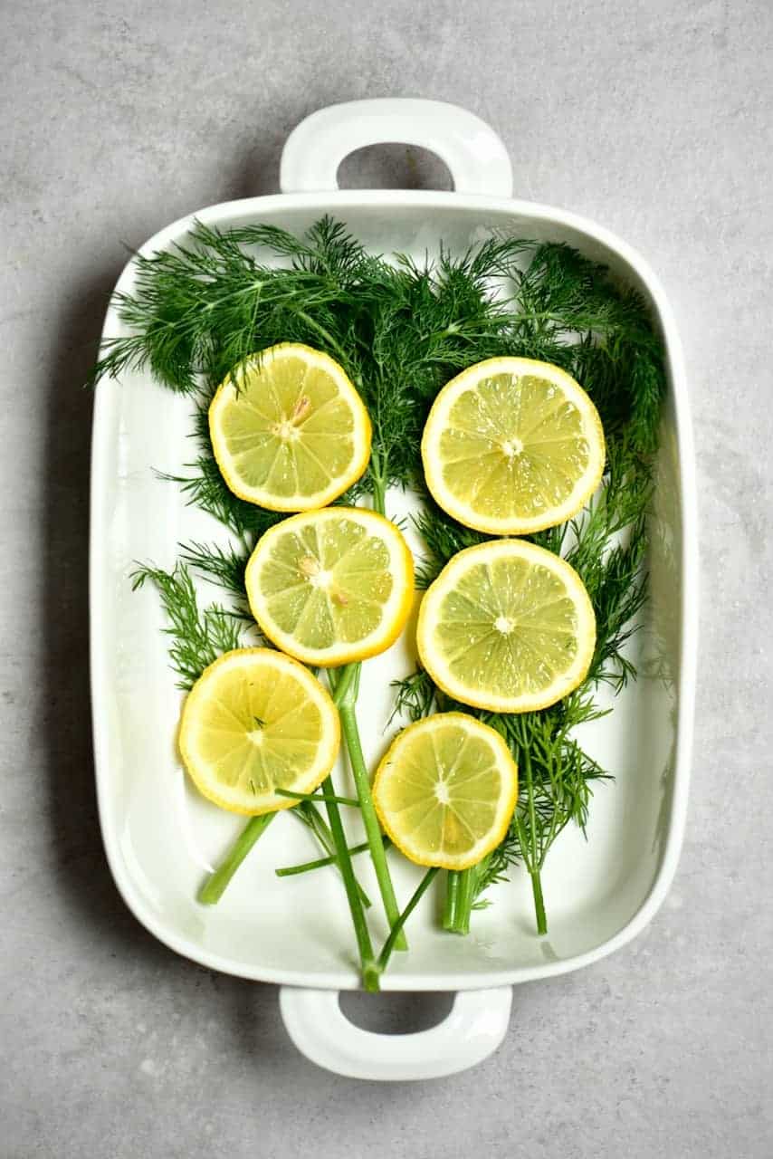Dill and lemon in a oven dish