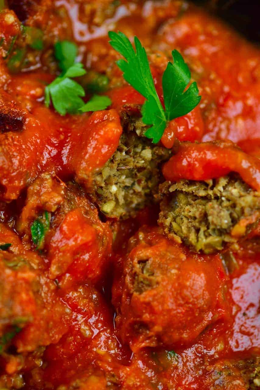 Open lentil meatball tomato sauce and parsley