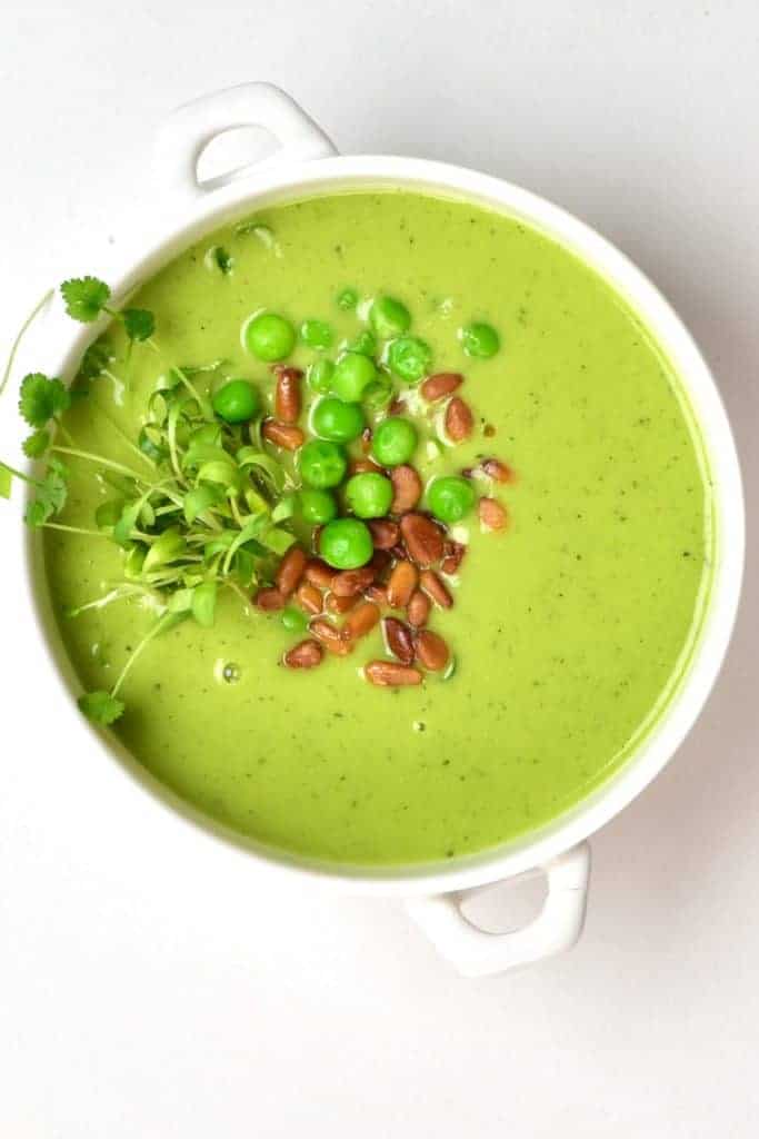 Pea soup topped with peas
