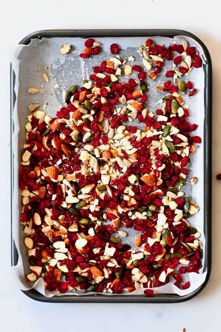 Chopped nuts and fruit mixed in tray