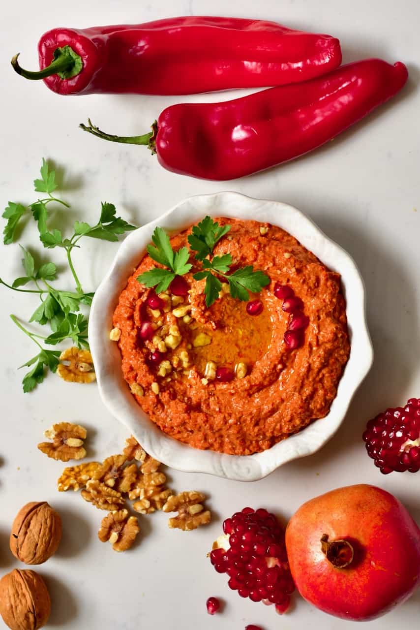 Homemade healthy Muhammara dip (roasted red pepper dip)