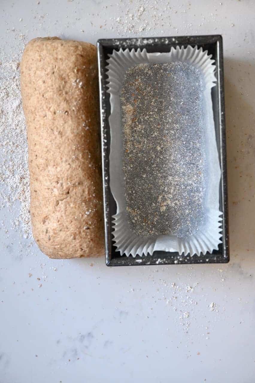 Bread loaf tin and dough