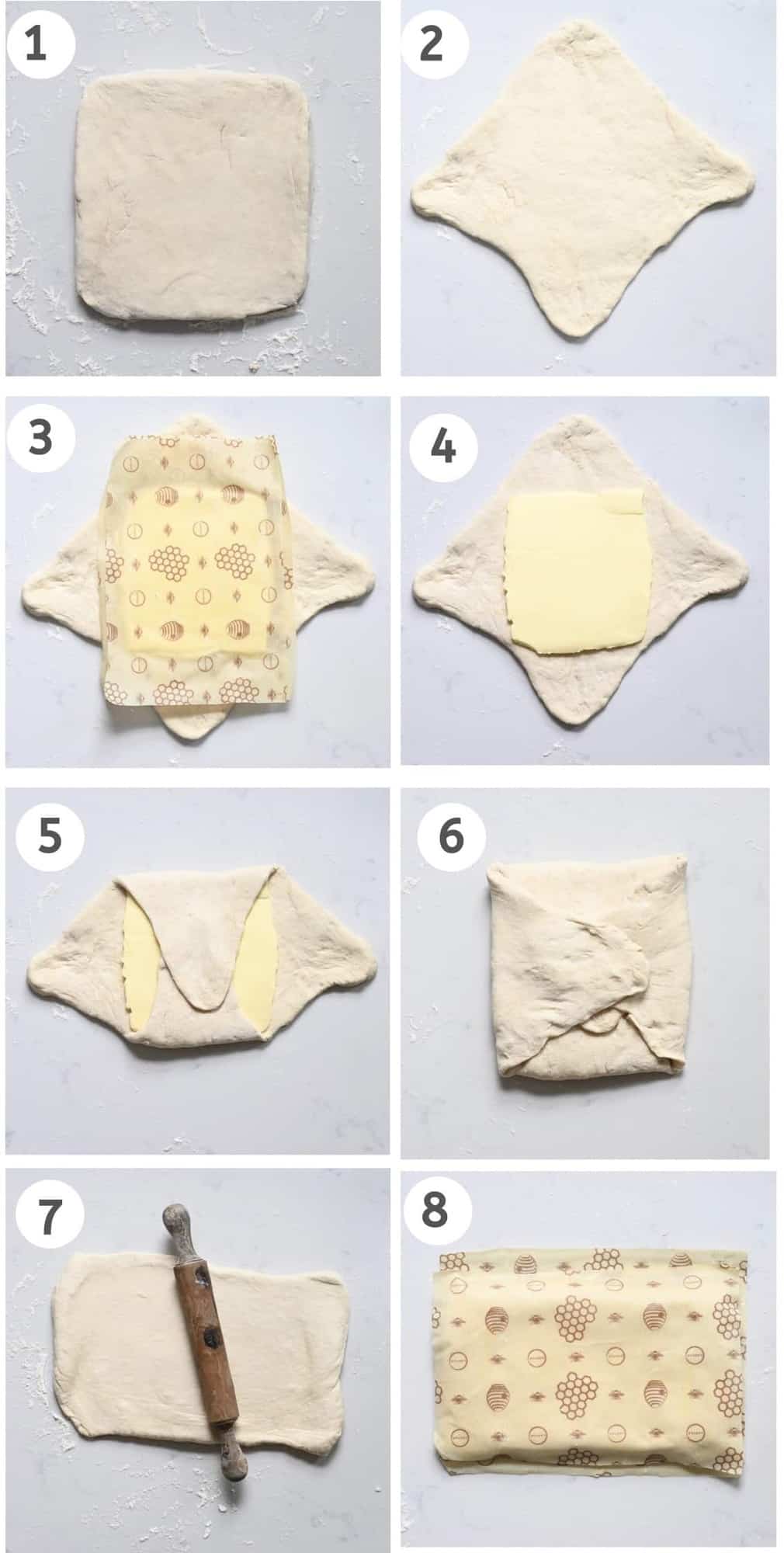 Steps to place butter inside the croissant dough