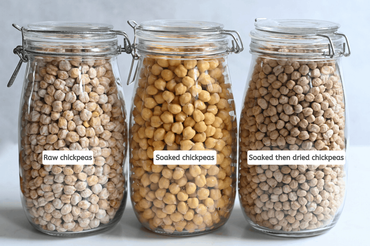 chickpeas in jars - raw, soaked and soaked then dried