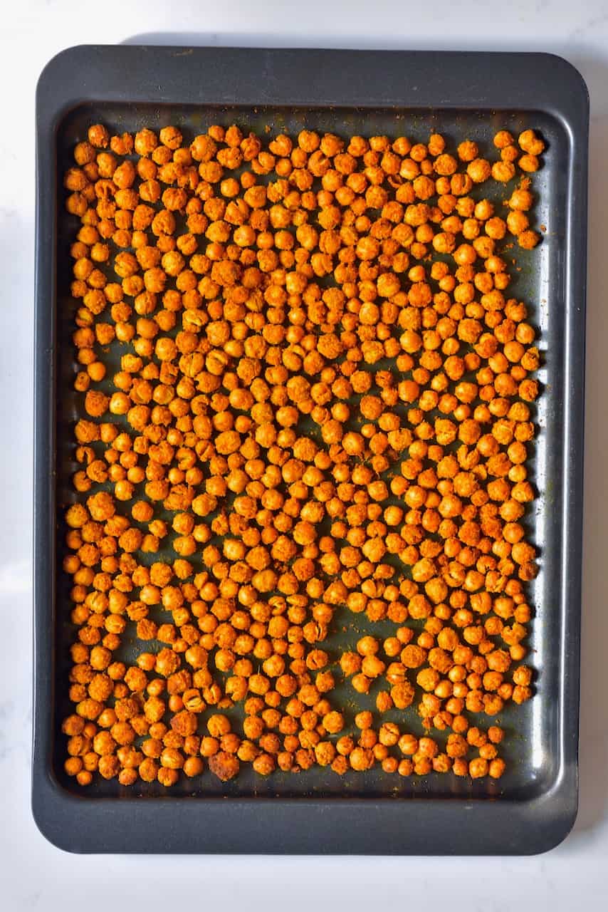 Roasted chickpeas in a baking tray