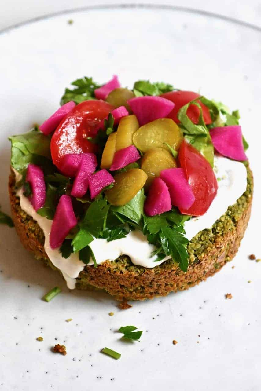 Baked falafel with pickled turnips and cucumbers