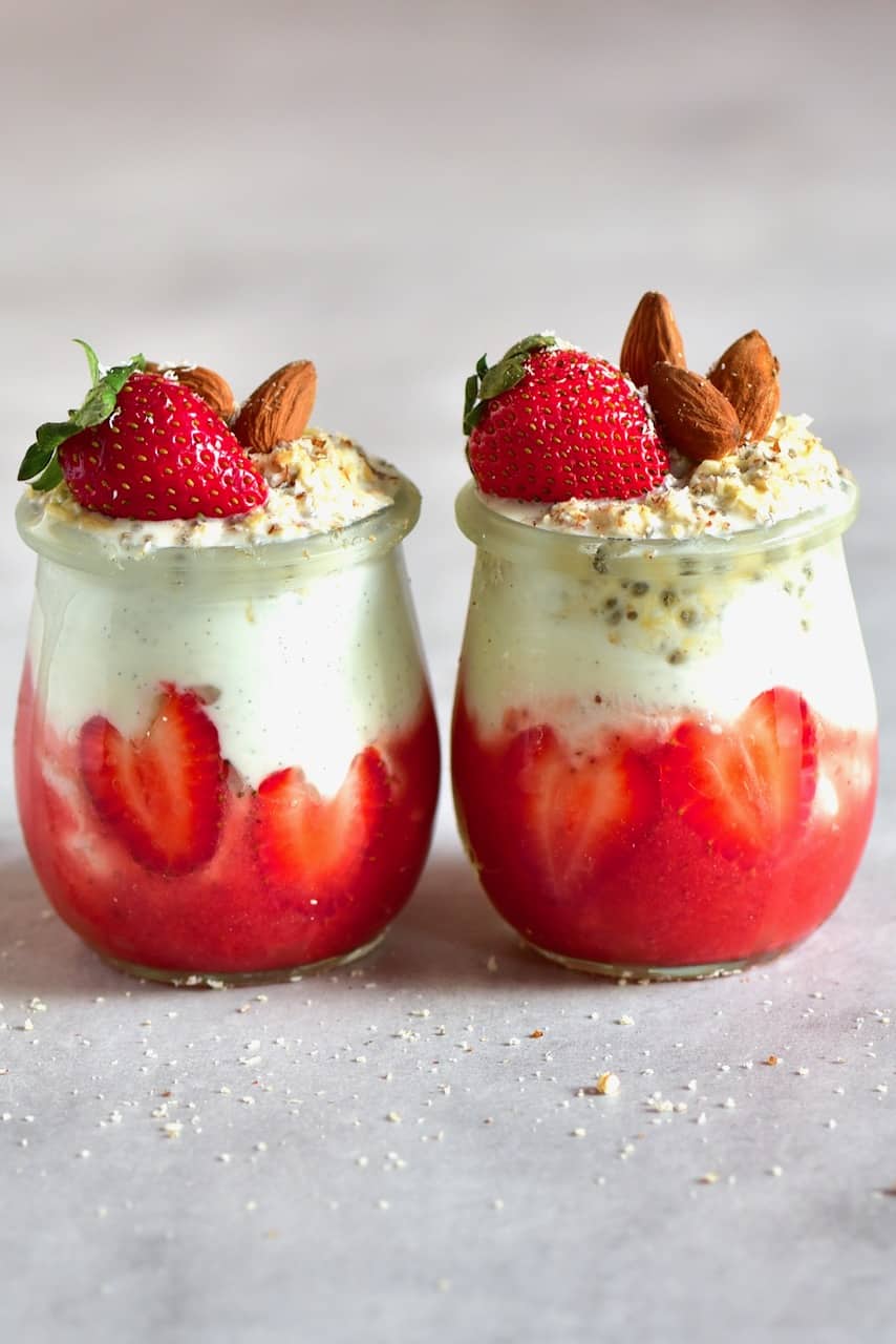 Two jars with Strawberry Cheesecake Overnight Oats
