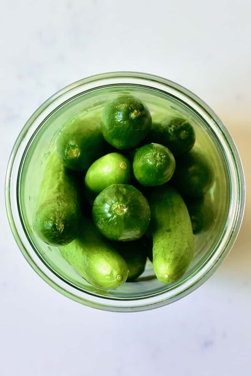 Baby cucumbers in a jar ready to pickle