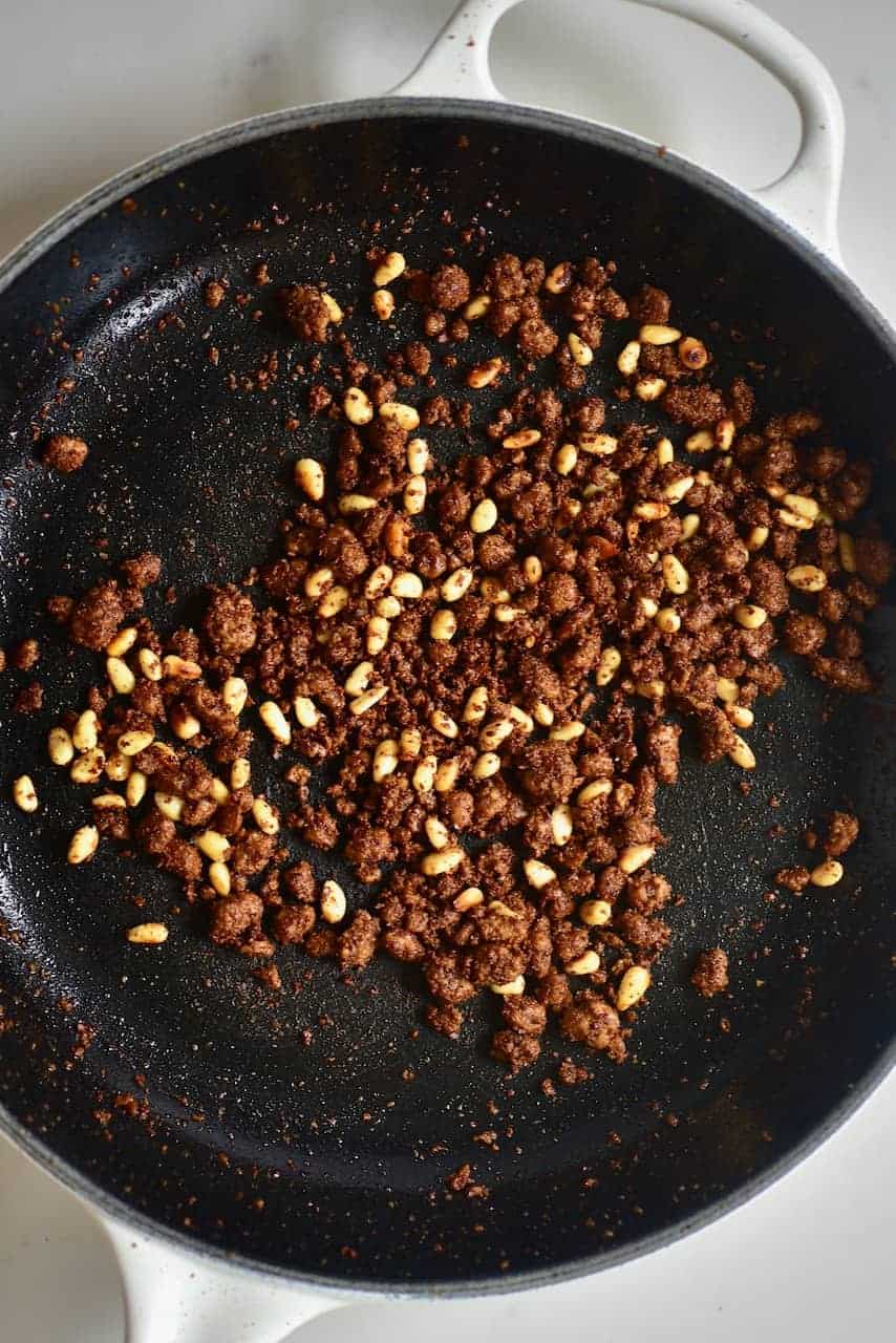 toasted pine nuts and soy mince