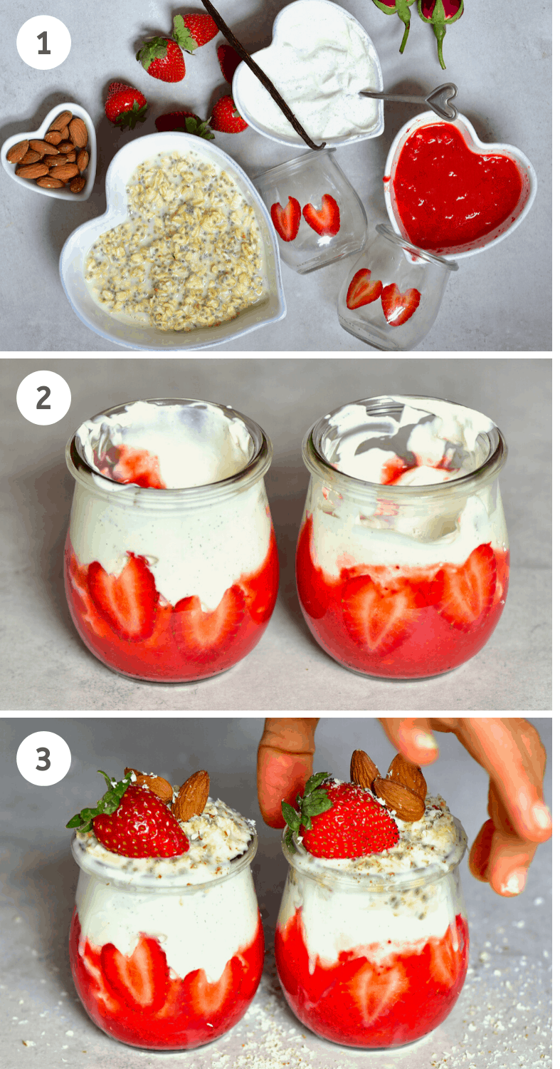 Layering steps for Strawberry Cheesecake Overnight Oats