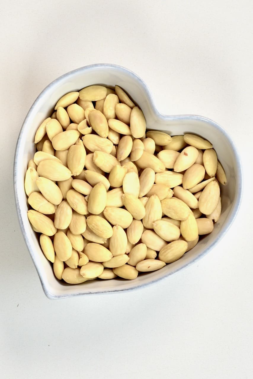 Blanched Almonds in a heart shaped bowl