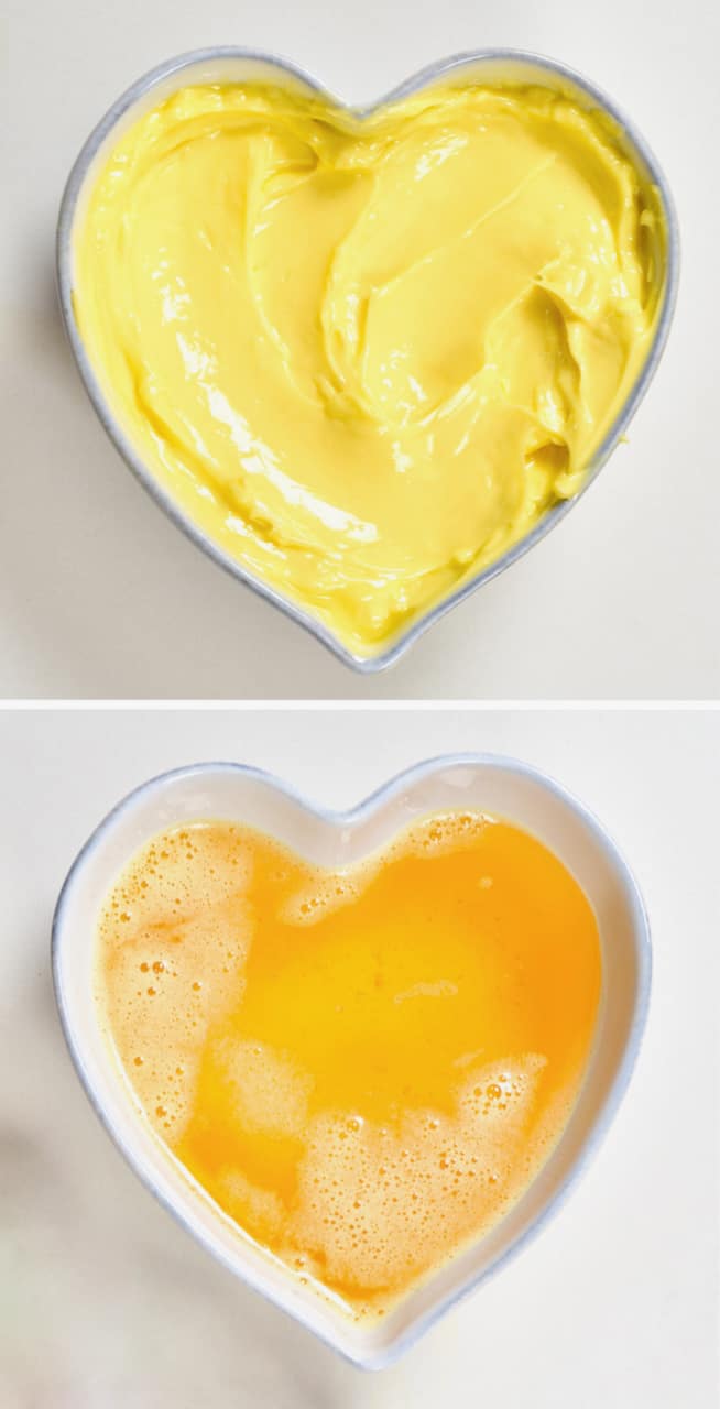 Butter in a bowl and ghee in a bowl