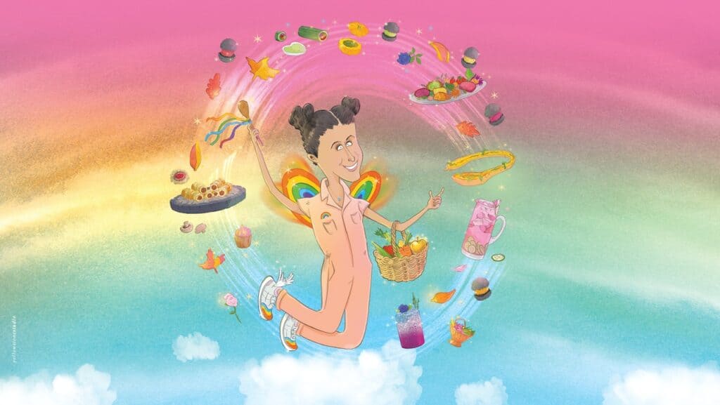 A colorful drawing of a fairy, representing Samira of Alphafoodie, and lots of food flying around her