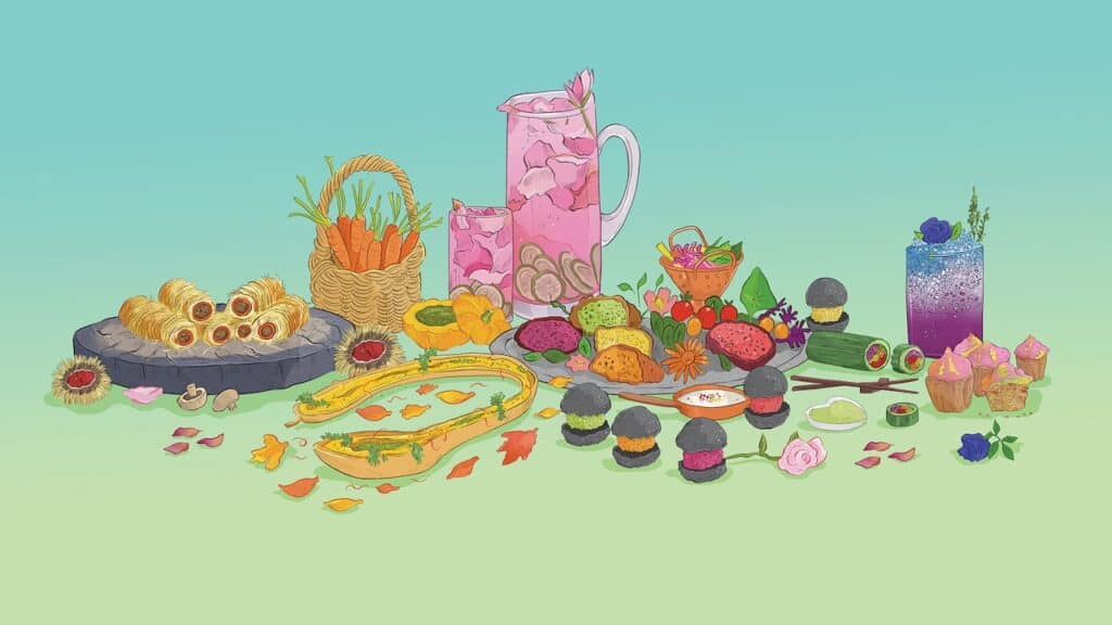 A colorful drawing of food made by Samira of Alphafoodie for Crazy Delicious 