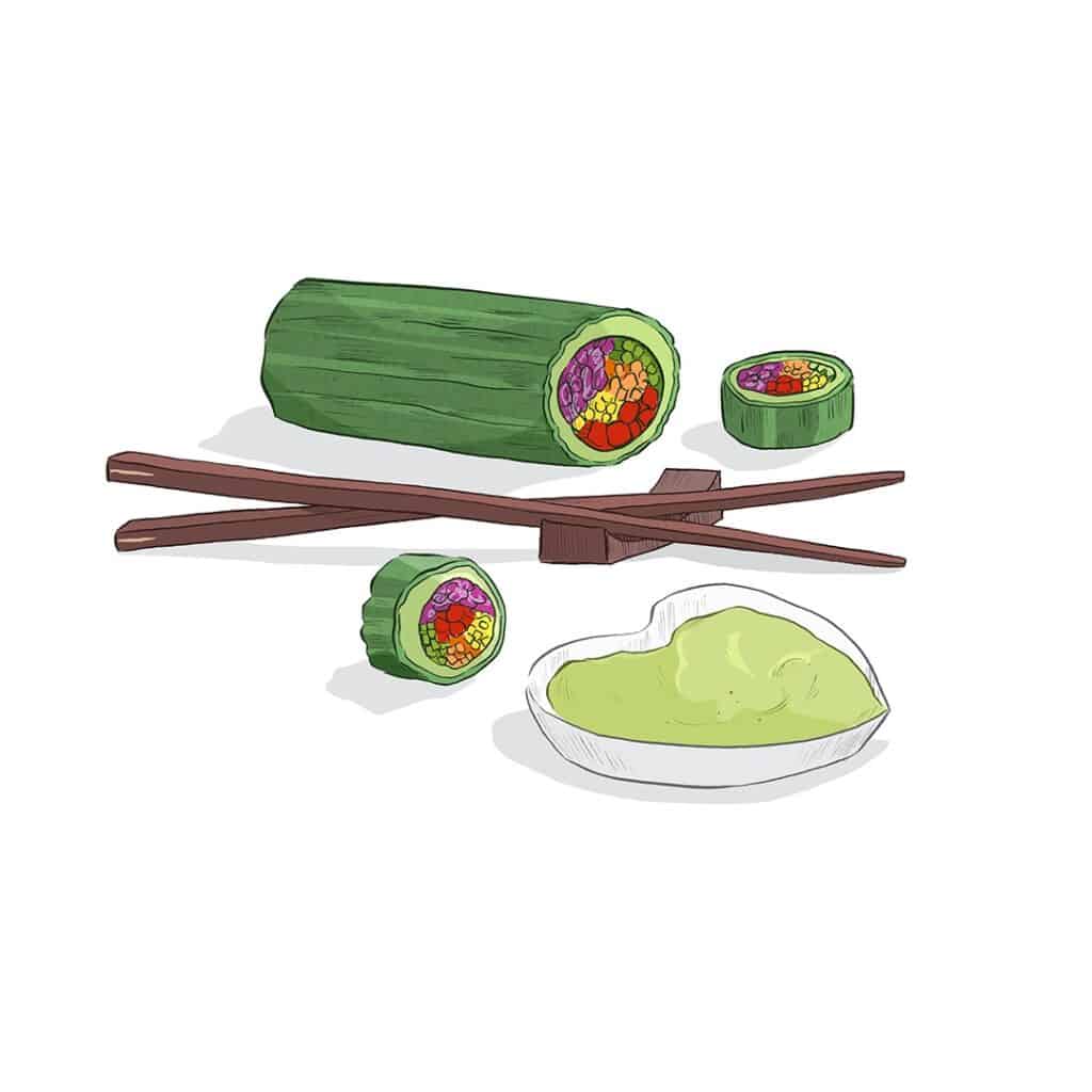 A drawing of a cucumber sushi and chopsticks and a small heart shaped bowl with avocado dip
