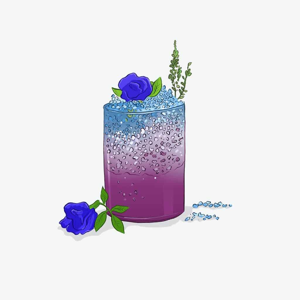 A drawing of a glass filled with blue and purple homemade magic lemonade decorated with edible flowers and herbs