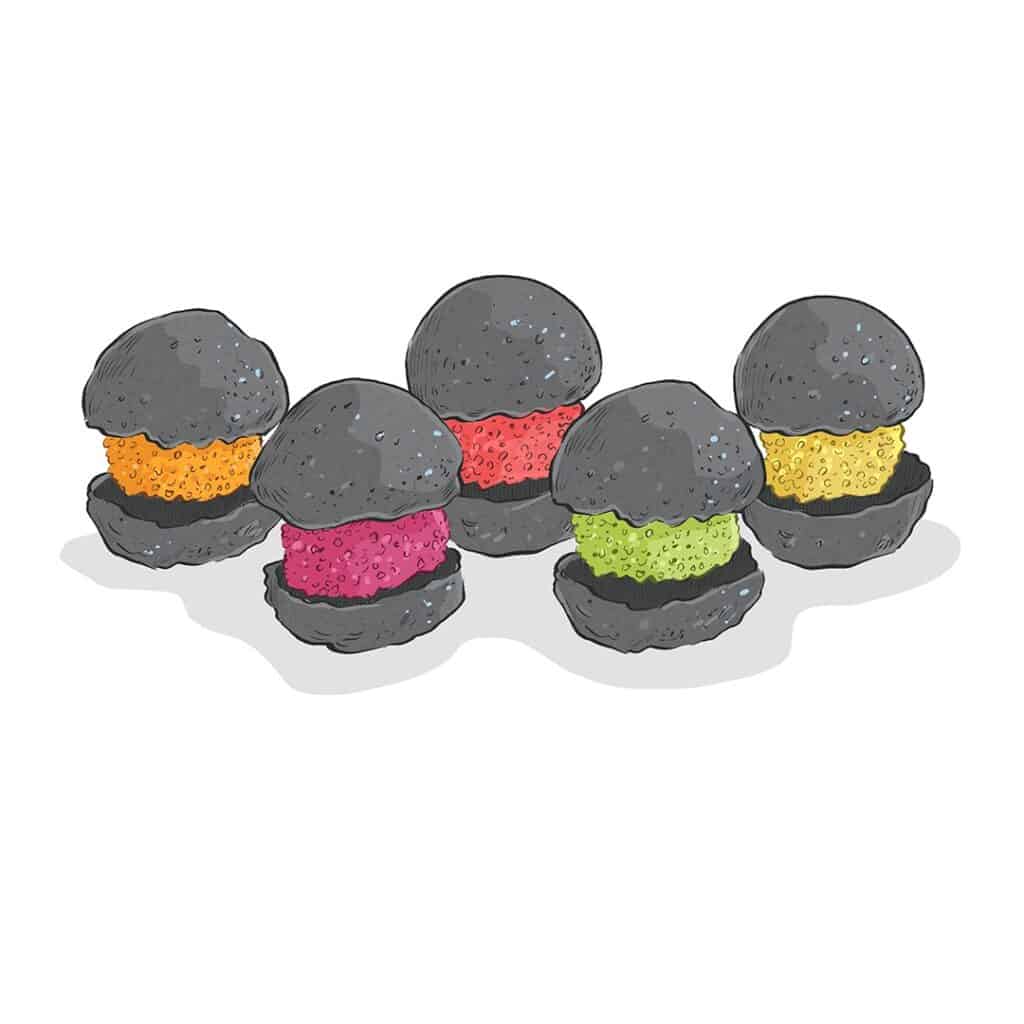 A drawing of mini burgers with black buns and rainbow falafel as patties 