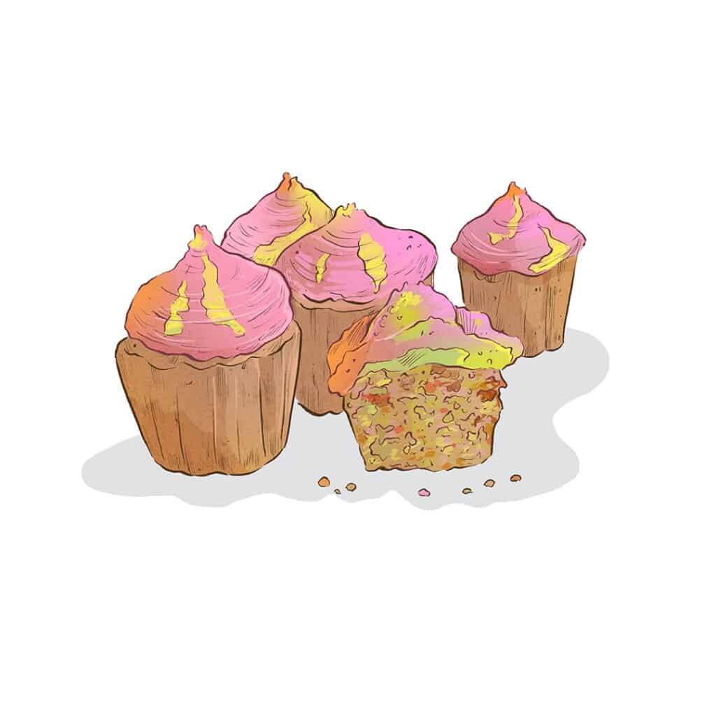 A drawing of savory muffins with rainbow hummus frosting 
