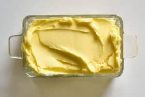 Homemade Butter in a square glass bowl