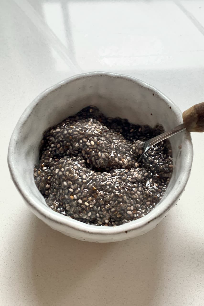 chia seed jelly egg mixture in a small bowl