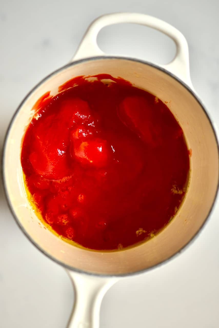 tomato sauce in a white pot