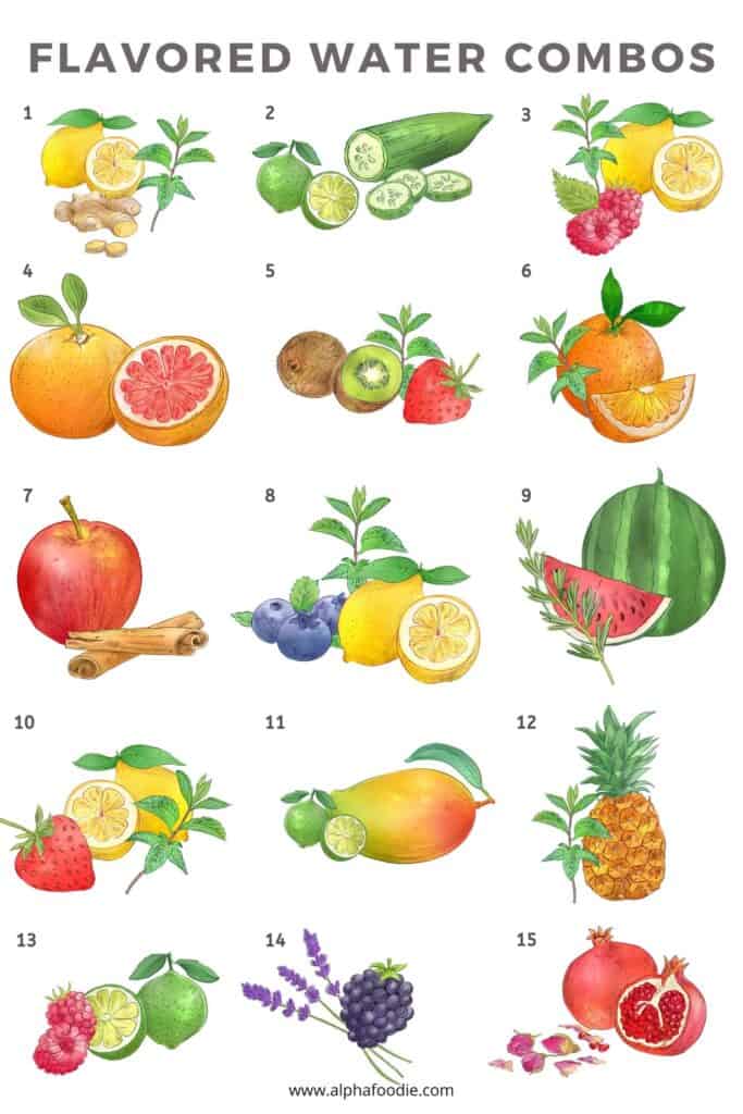 Drawings of fruit and herb combinations for flavored water