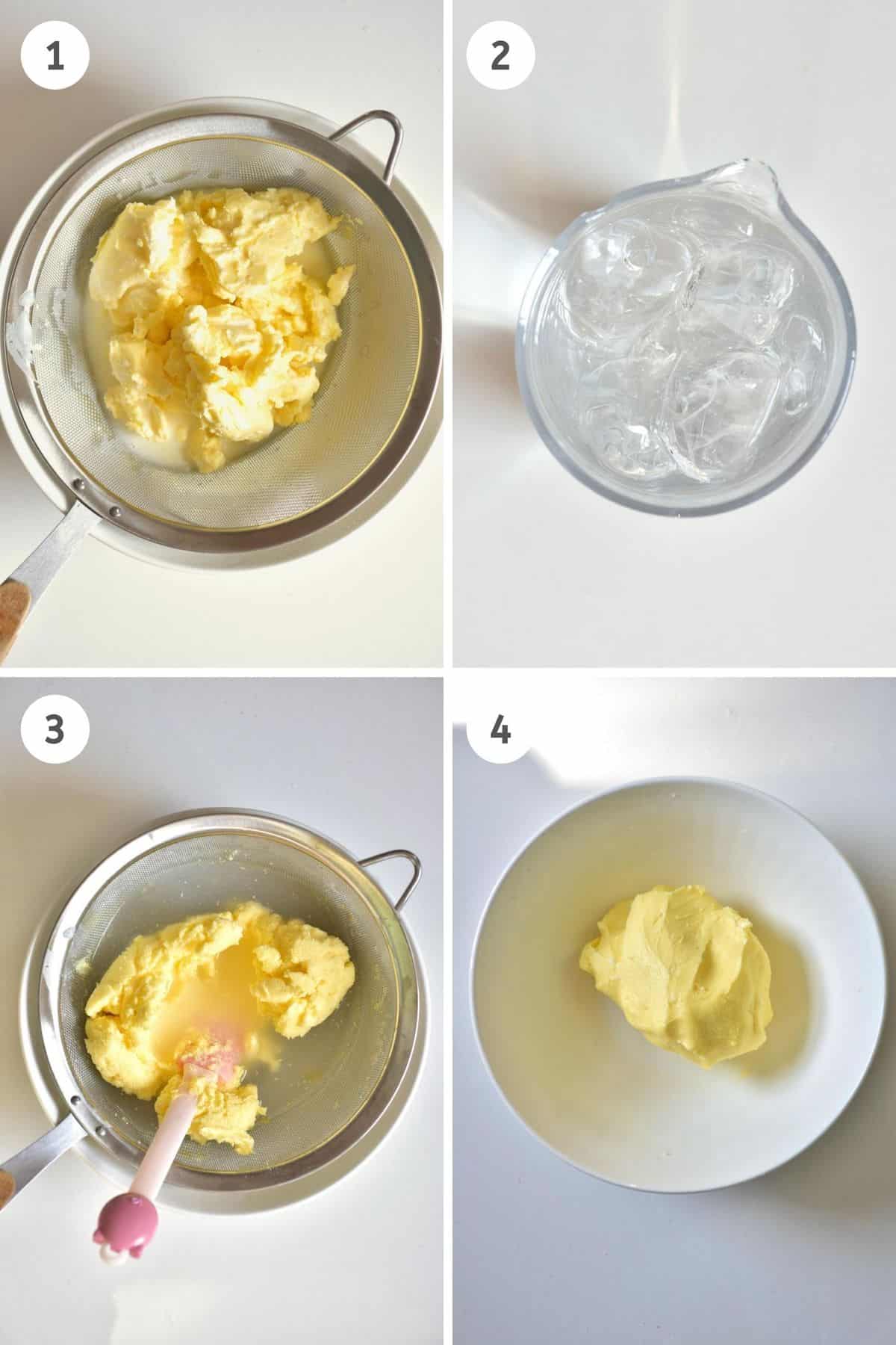 Collage of rinsing homemade butter with ice water