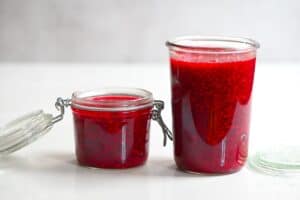 Raspberry Jam in sterilized glass jars