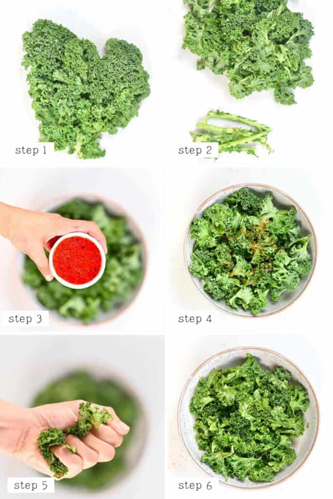 Steps for messaging salad dressing into kale