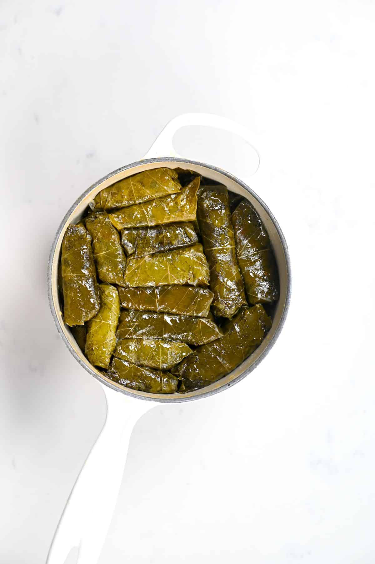 Cooked Stuffed Vine Leaves in a white pot