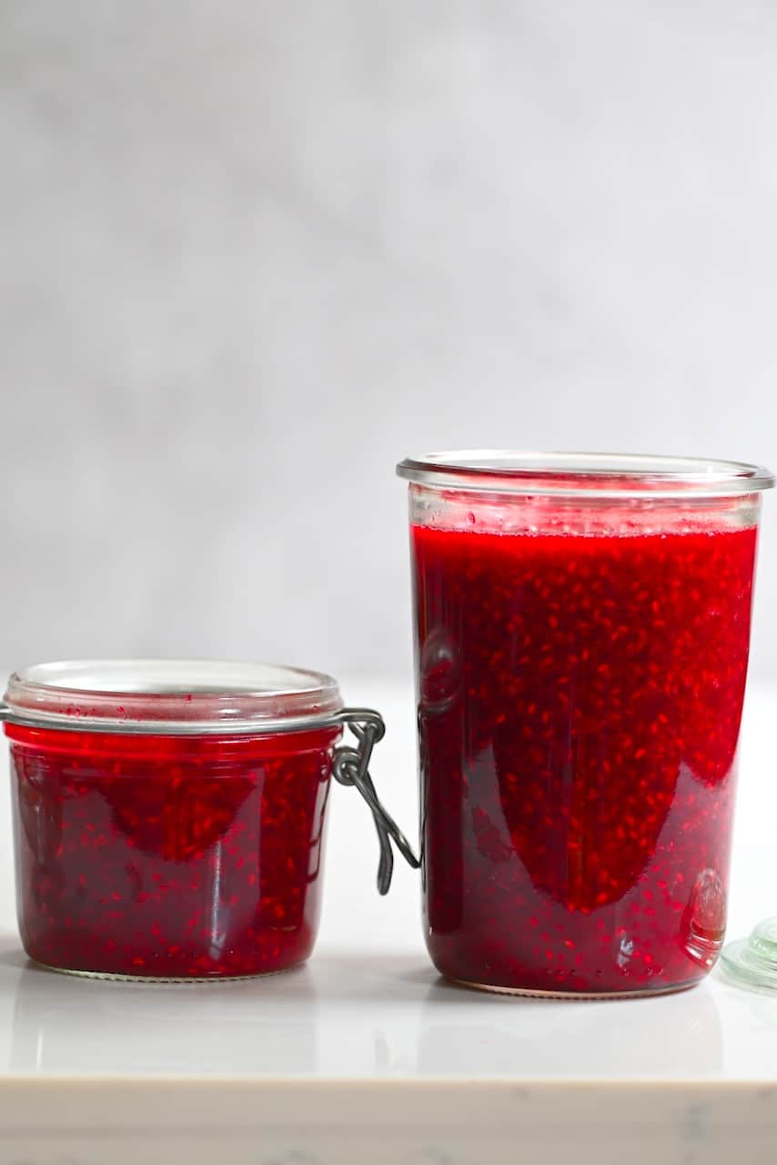 two glass jars of Raspberry Jam