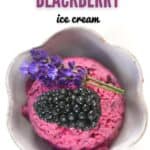 BLACKBERRY ICE CREAM IN A WHITE cup with blackberry and lavender flowers on top