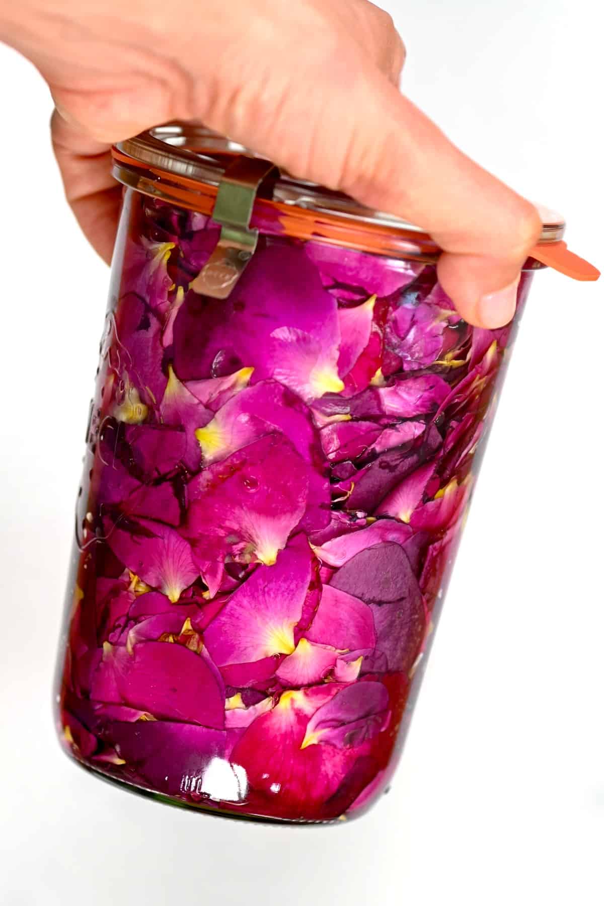 Hand holding Rose Extract mixture in a glass container